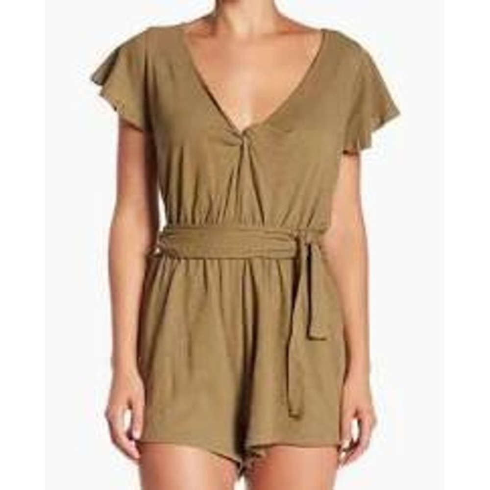 Free People Ballerina Tie Waist Romper Womens Large Moss Green Linen Blend Boho